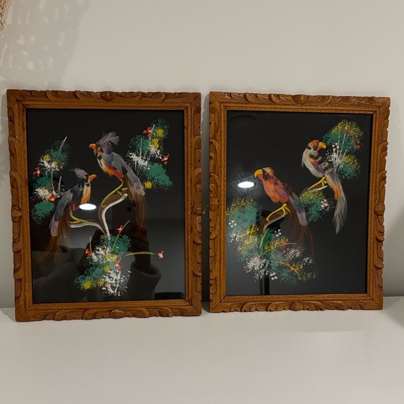 vintage Other - Vintage Mexican feather art bird paintings carved wood frames SET OF TWO 12X10